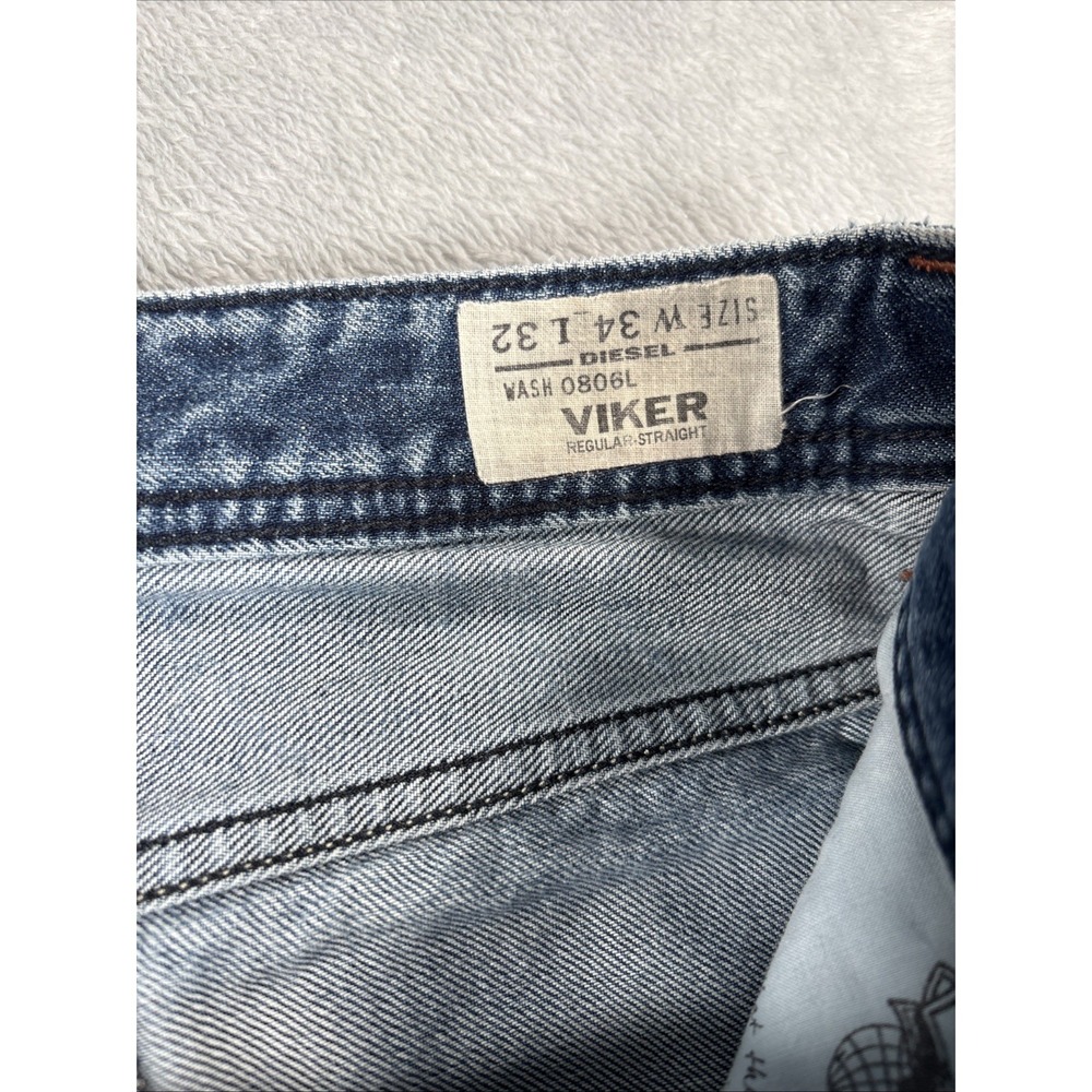 Diesel Viker Jeans Mens 34x32 Blue Straight Distressed Button Fly Wash 0806L - Picture 3 of 15